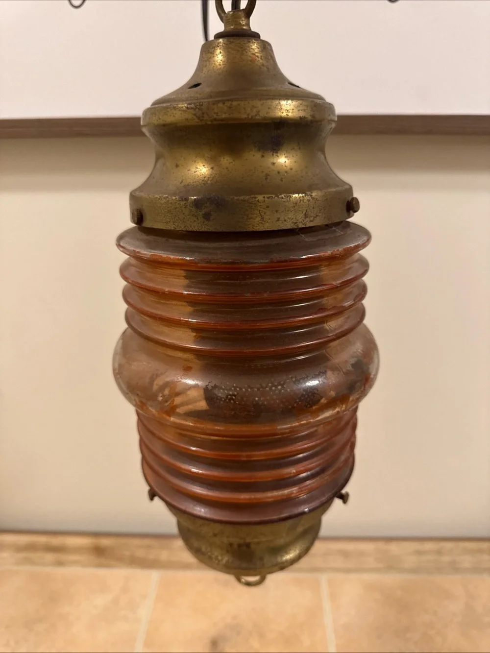 Vintage Brass Nautical Red Glass Electric Hanging Pendant Lamp